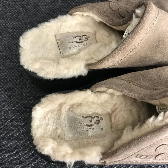 UGG Women's Solvang Tan Suede Slip On Shearling Clogs Chunky Block Heel Size 5 - Picture 7 of 8